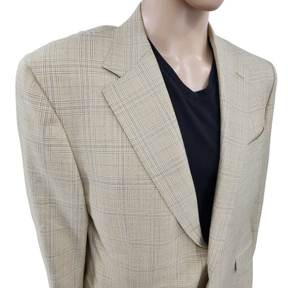 Canali Mens Two-Button Beige Plaid Wool Blazer Jacket Size 44R - Picture 1 of 11